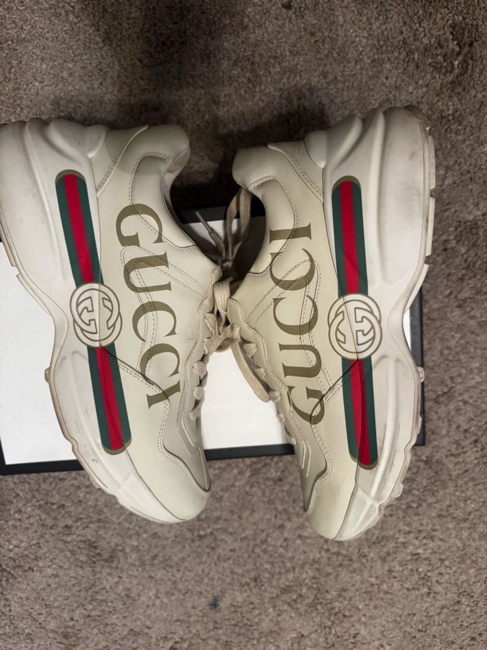 Gucci Cream Leather Sneakers with Red & Green Web Stripe